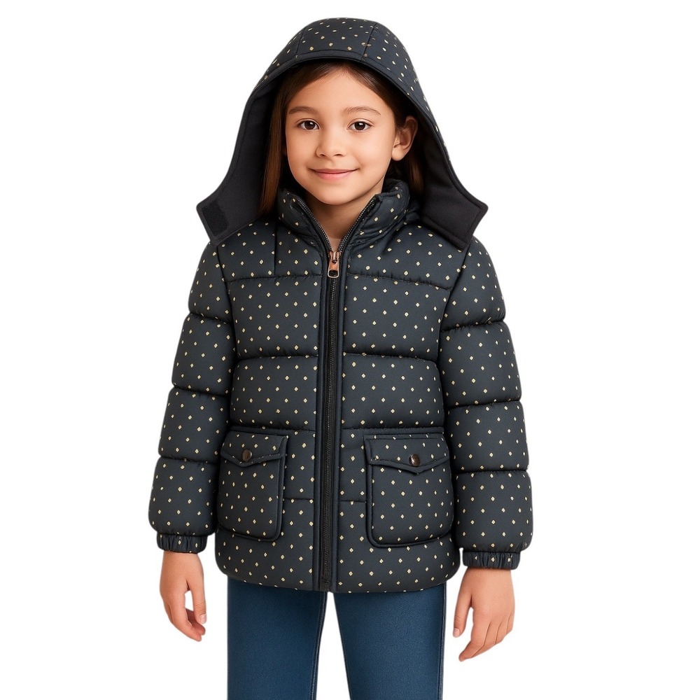 Pink Platinum Puffer Coat Girls 14/16 Black Gold Metallic Foil Hooded Winter